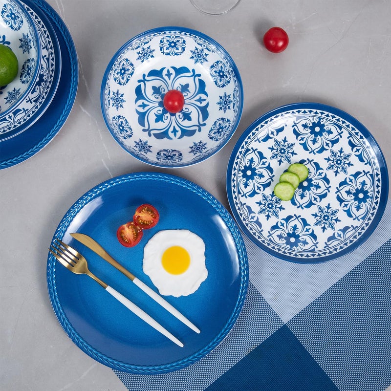 Webbylee Melamine Dinnerware Set -12pcs Outdoor and Indoor Plates and Bowls Set ,Service for 4, Dishwasher Safe, Blue Flower - Image 3